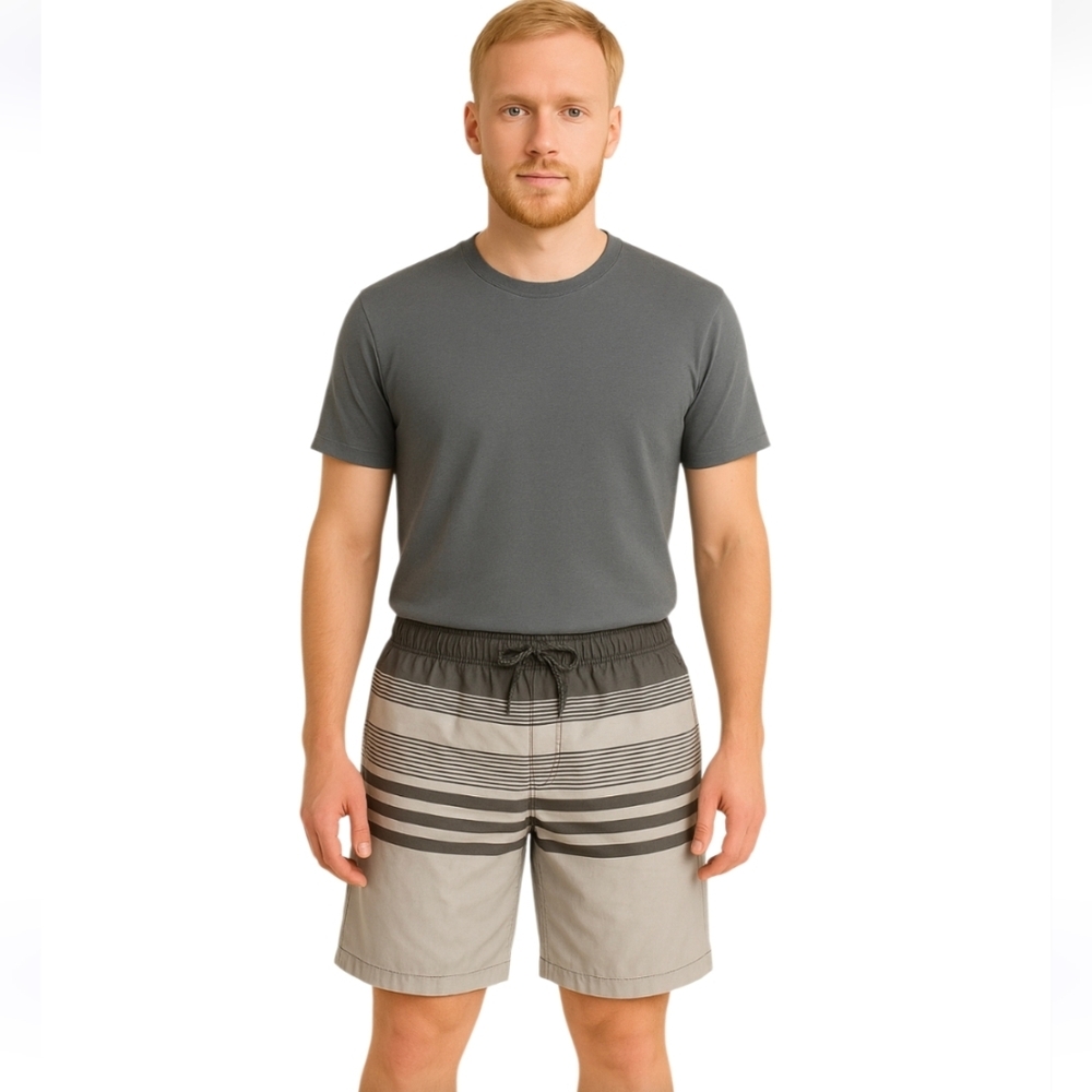 Kirkland Men's Swim Shorts Large Gray Black Stripes Resort Wear Pool Essential L